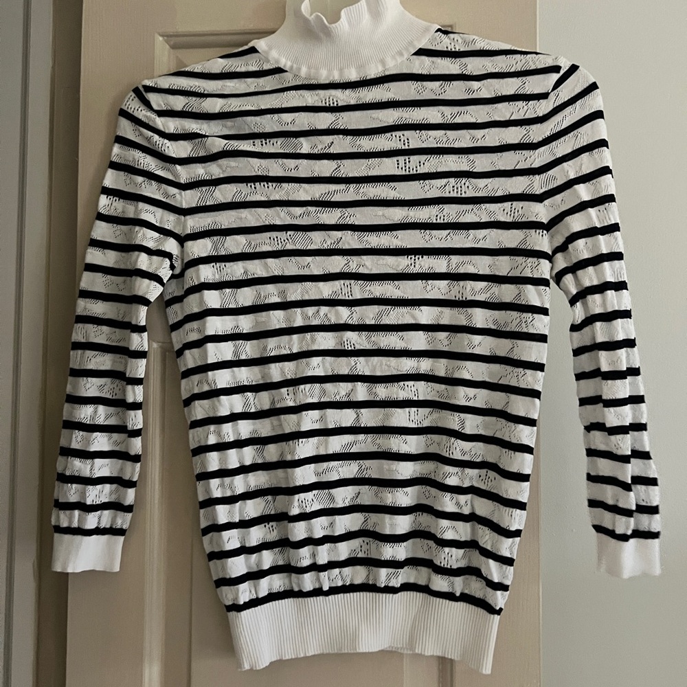 CHLOE light knit Striped Black and White Sweater w ruffle neck and sheer detail